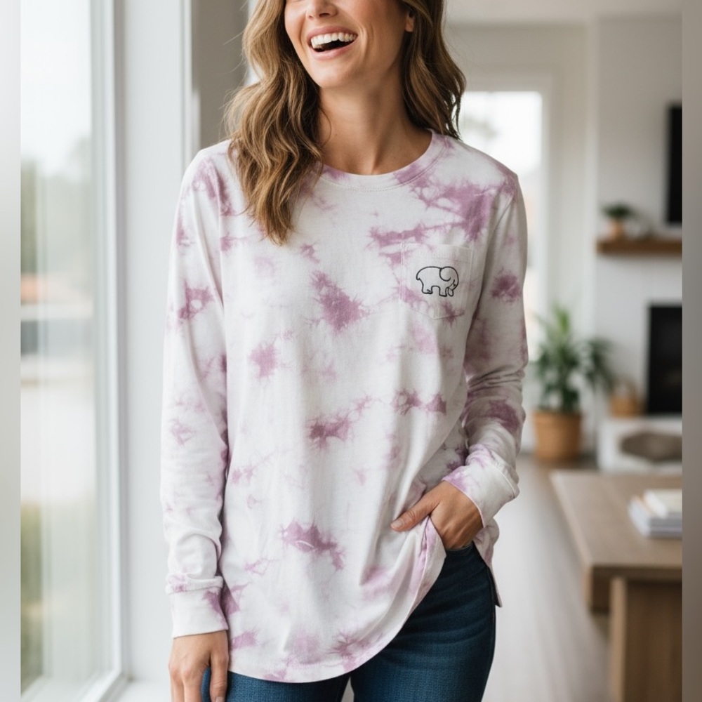 Ivory Ella Elephant Creamy white Purple Tie-Dye Long Sleeve Crew Neck Tee Top S - Picture 2 of 10